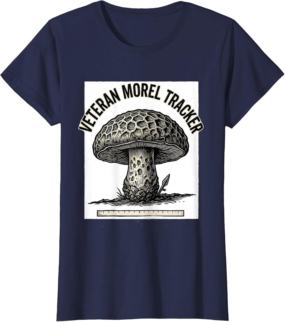 Women's Veteran Morel Tracker Woodcut Engraving Mushroom Forager T-Shirt - Navy Blue