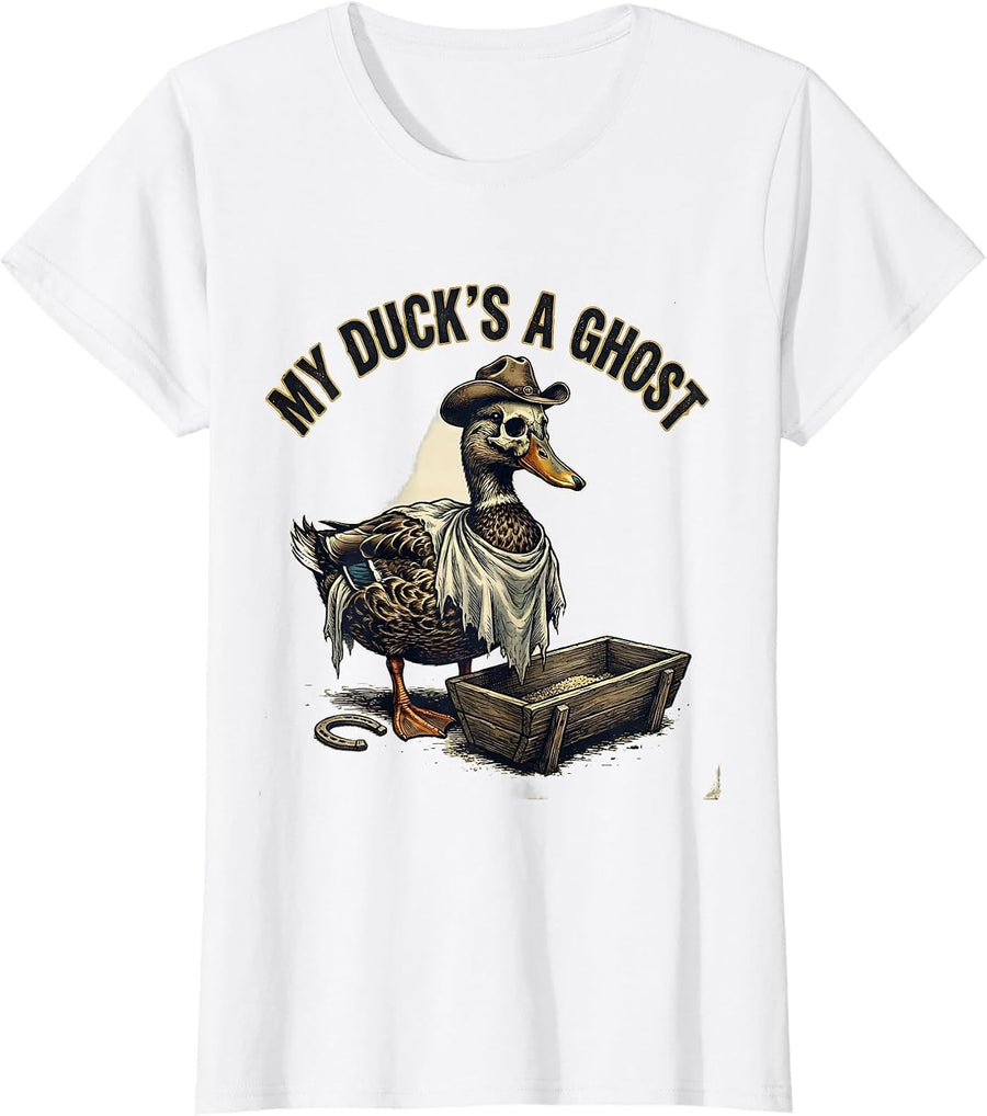 Women's My Duck's a Ghost Vintage Western Halloween Ghost Skeleton T-Shirt - White