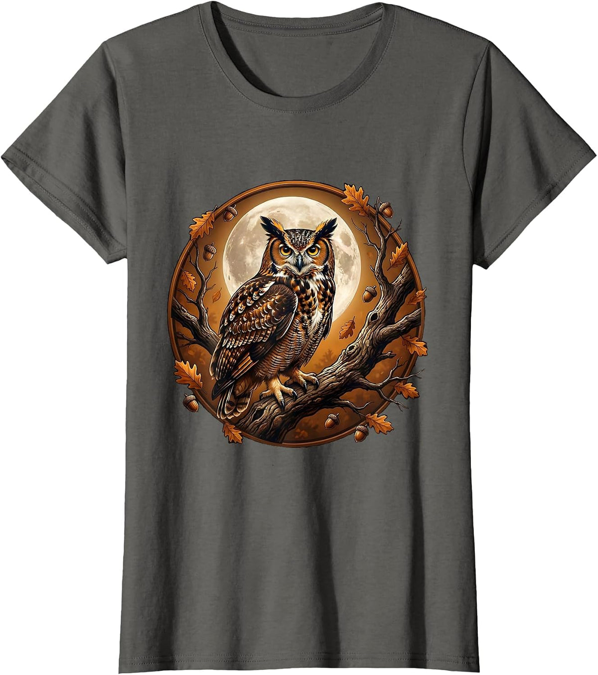 Women's Owl on Branch Full Moon Fall Night Illustration T-Shirt - Asphalt Grey