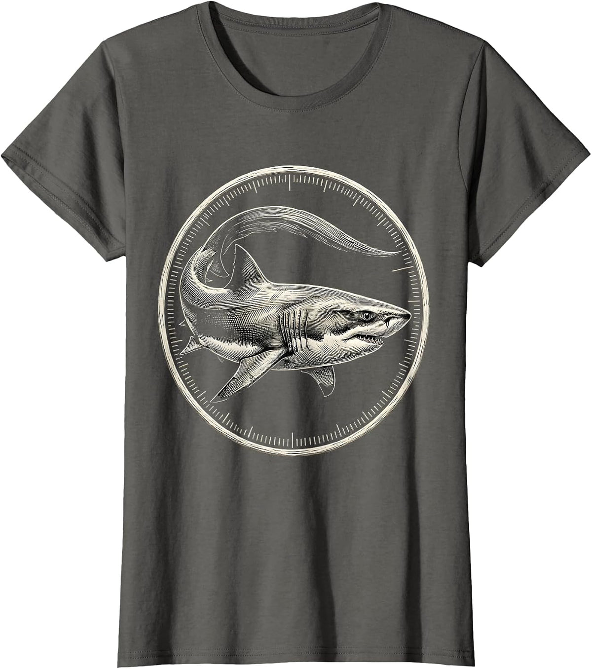 Women's Thresher Shark Engraved Badge Vintage Ocean Animal Humor T-Shirt - Asphalt Grey