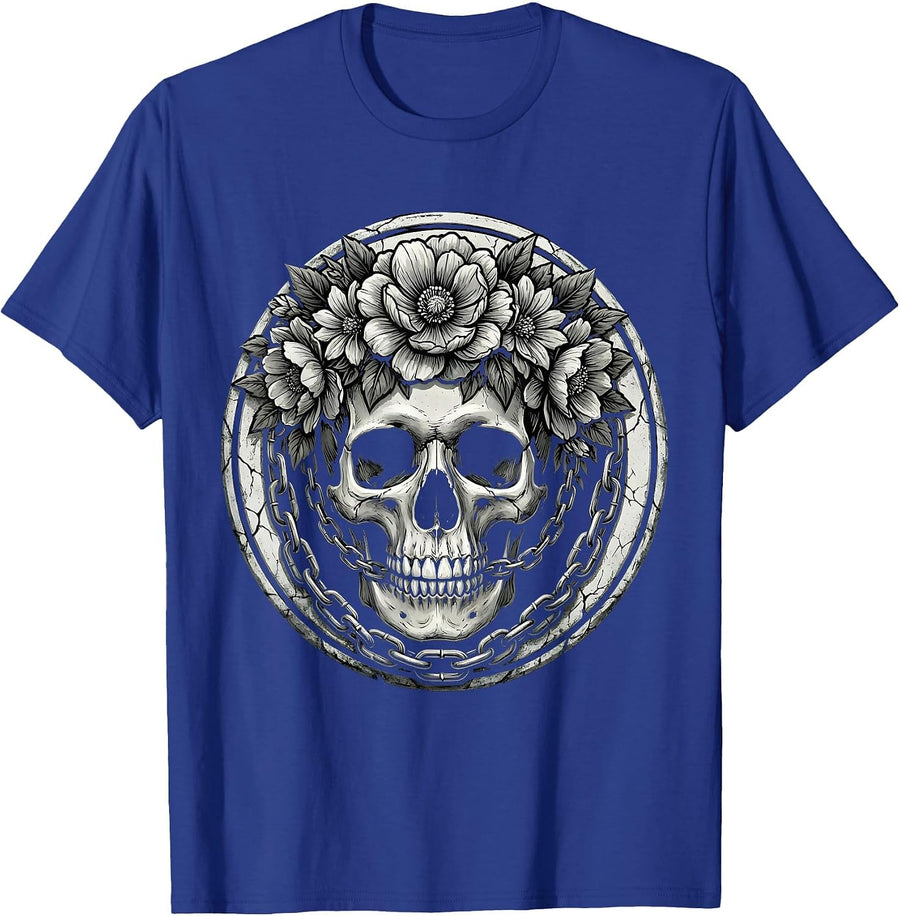 Grunge Skull Flower Crown and Chains Illustration T-Shirt - Royal Blue