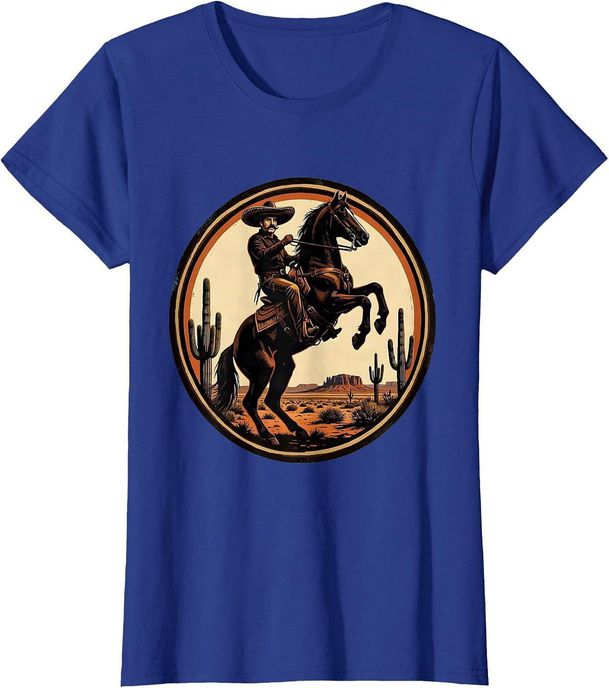 Women's Mustachioed Rider Desert Horseback Mexican Art T-Shirt - Royal Blue