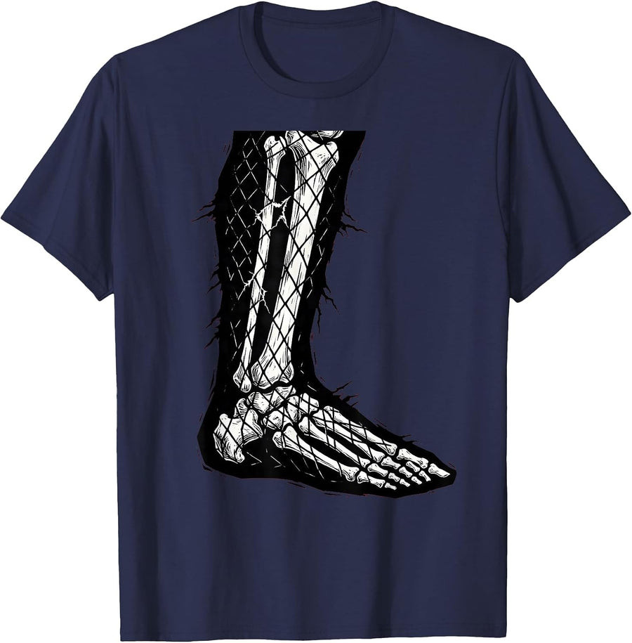 Punk Skeleton Fishnet Leg Gothic Art T-Shirt - Navy Blue