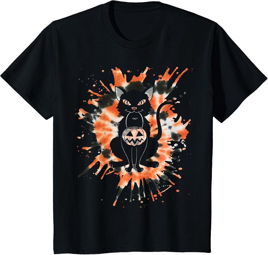 Halloween Orange Tie Dye with Black Cat T-Shirt - Black