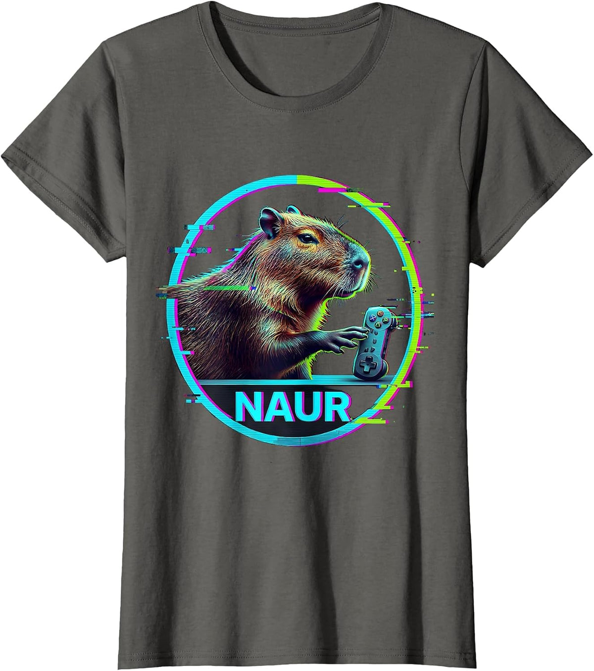 Women's Naur Glitch Datamosh Capybara Gamer Meme Humor T-Shirt - Asphalt Grey