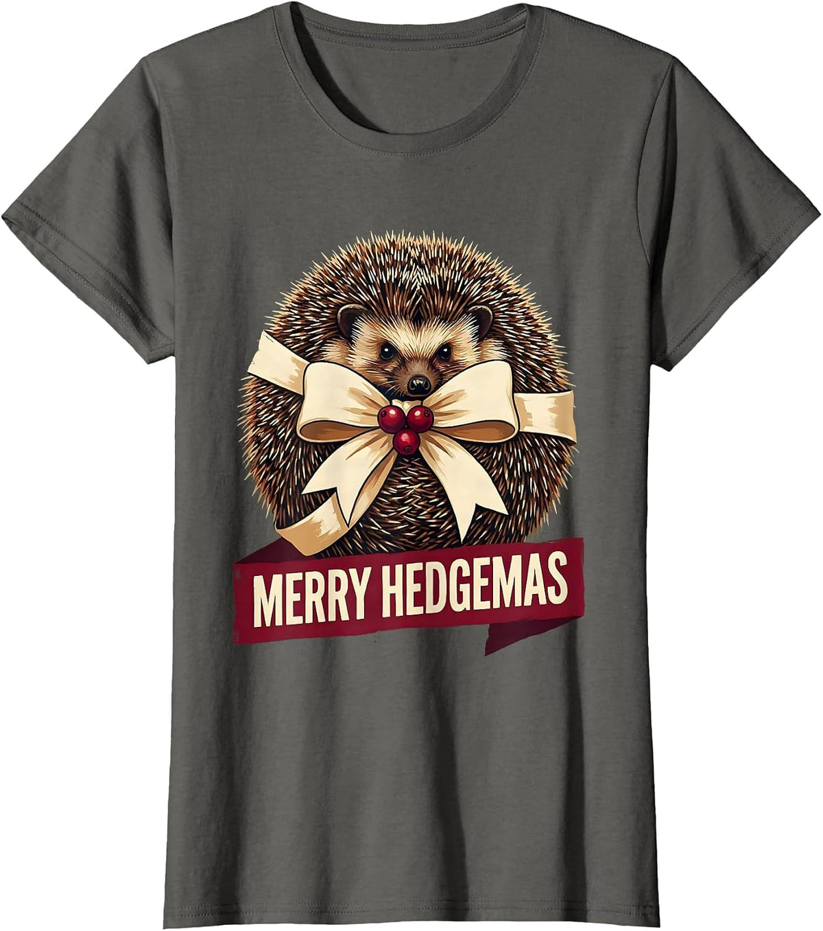 Women's Merry Hedgemas Cute Hedgehog Christmas Humor Novelty Gift T-Shirt - Asphalt Grey