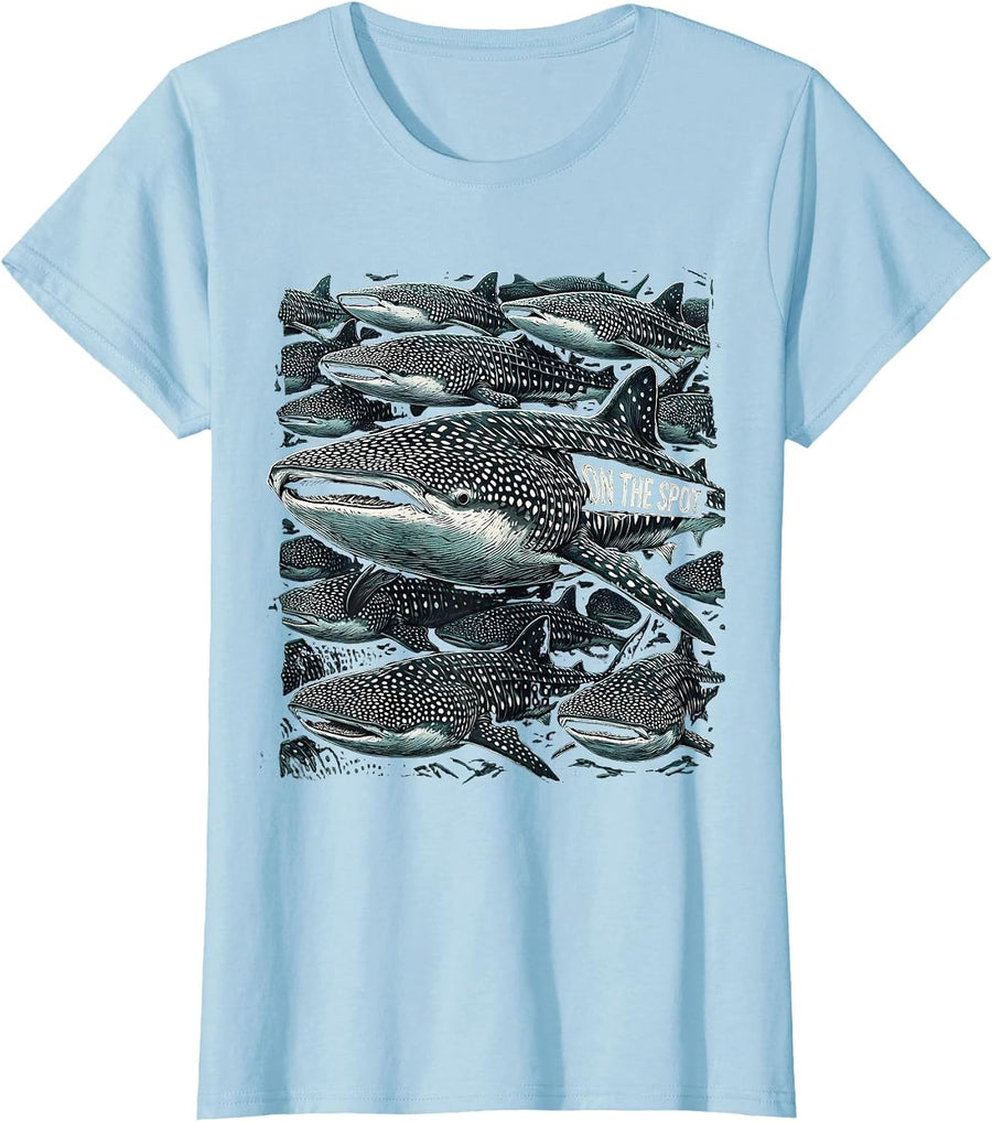 Women's On The Spot Whale Shark Woodcut Engraving Ocean Wildlife T-Shirt - Baby Blue