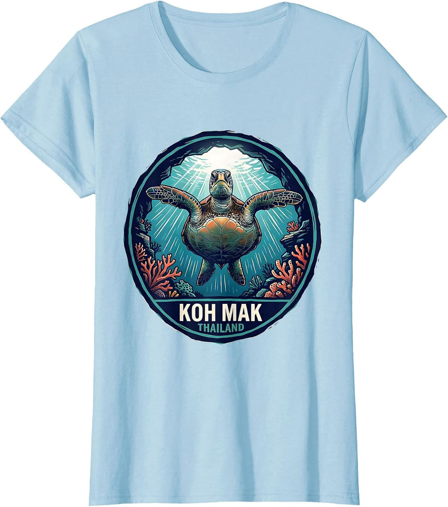 Women's Koh Mak Thailand Linocut Sea Turtle Beach Souvenir T-Shirt - Baby Blue