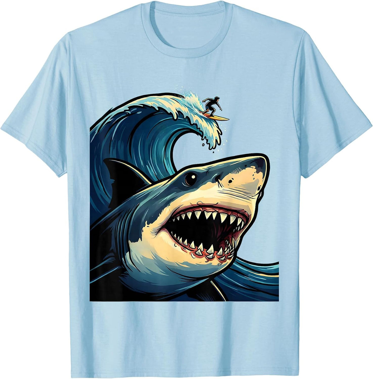 Men's Shark Silhouette Beneath Lone Surfer Graphic T-Shirt - Baby Blue