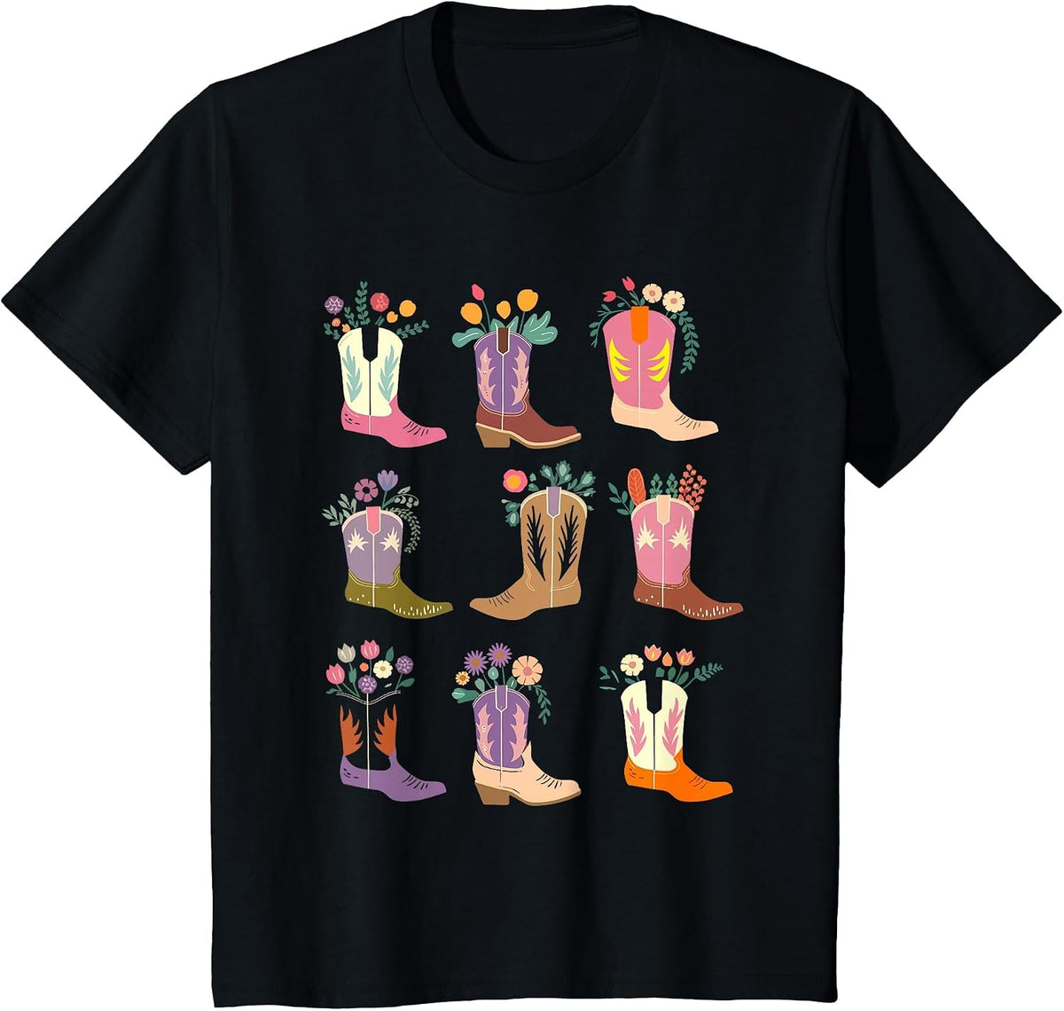 Floral Cowgirl Boots Western Rodeo Country Equestrian T-Shirt - Black