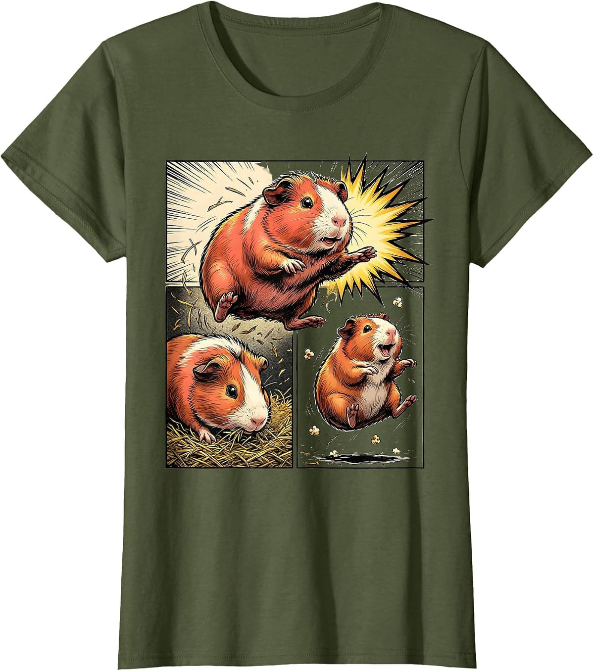 Women's Guinea Pig Comic Book Hero Leap Cavy Lover Humor T-Shirt - Olive Green