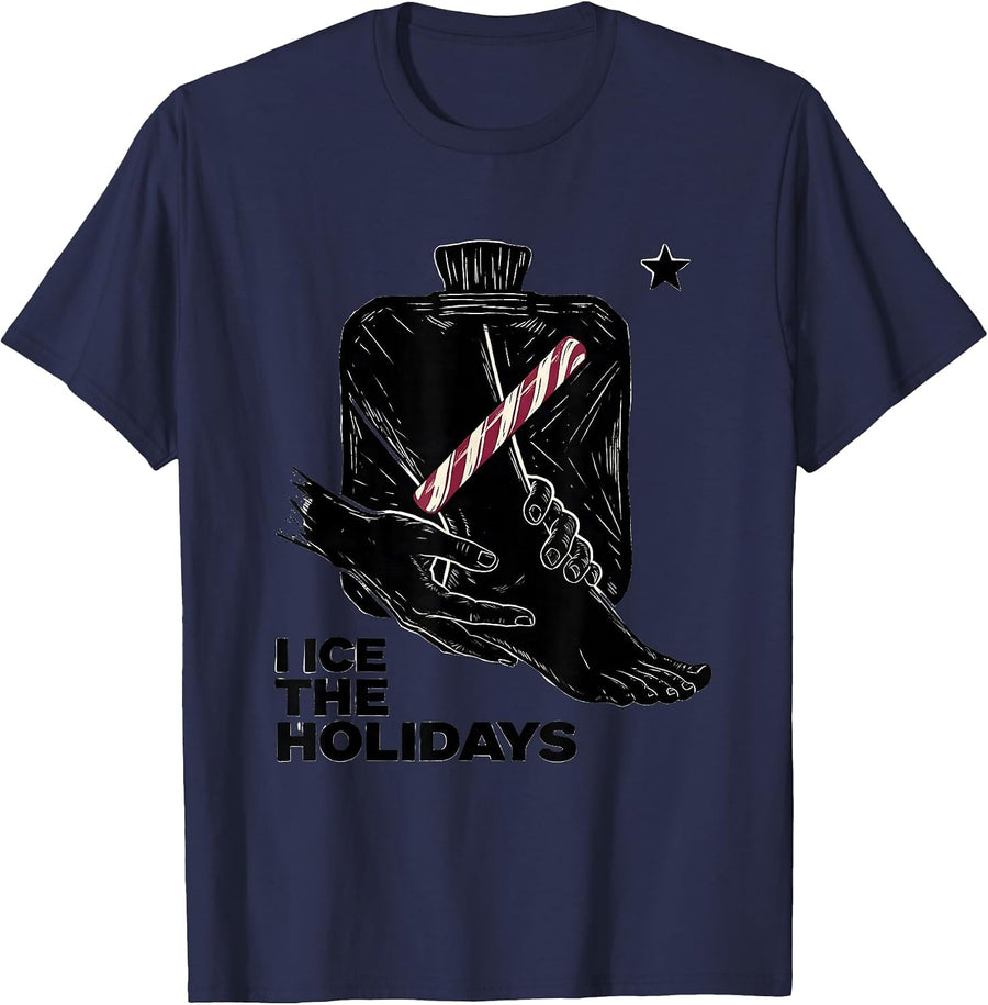 I Ice The Holidays Linocut Funny Physical Therapist T-Shirt - Navy Blue