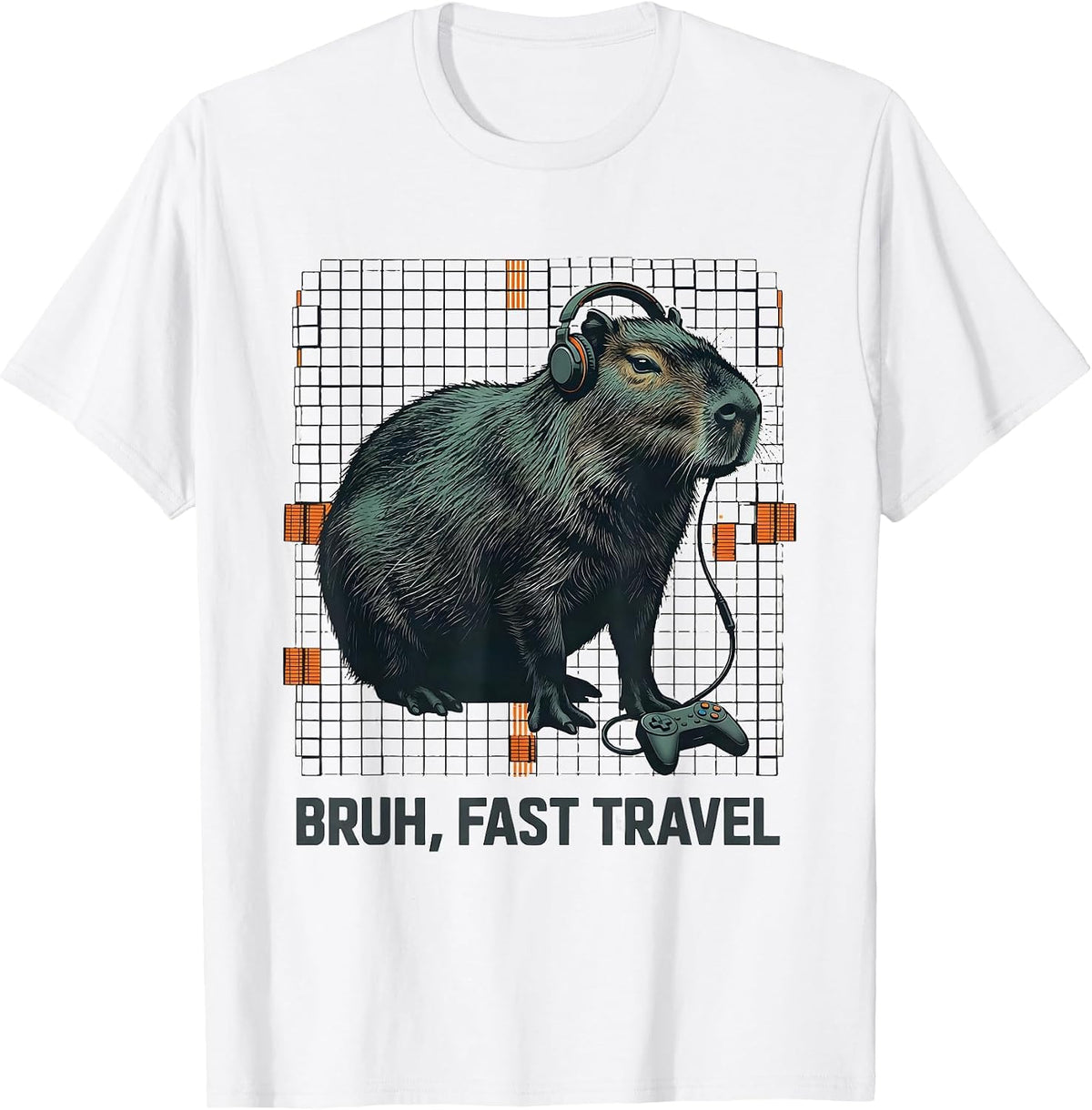 Men's Bruh, Fast Travel Editorial Conceptual Capybara Gamer Meme T-Shirt - White