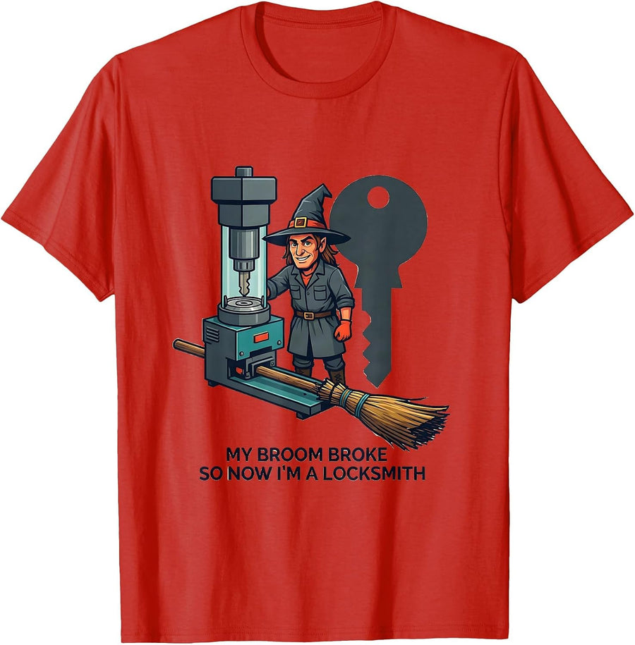 Men's My Broom Broke So Now I'm A Locksmith Funny Halloween T-Shirt - Red
