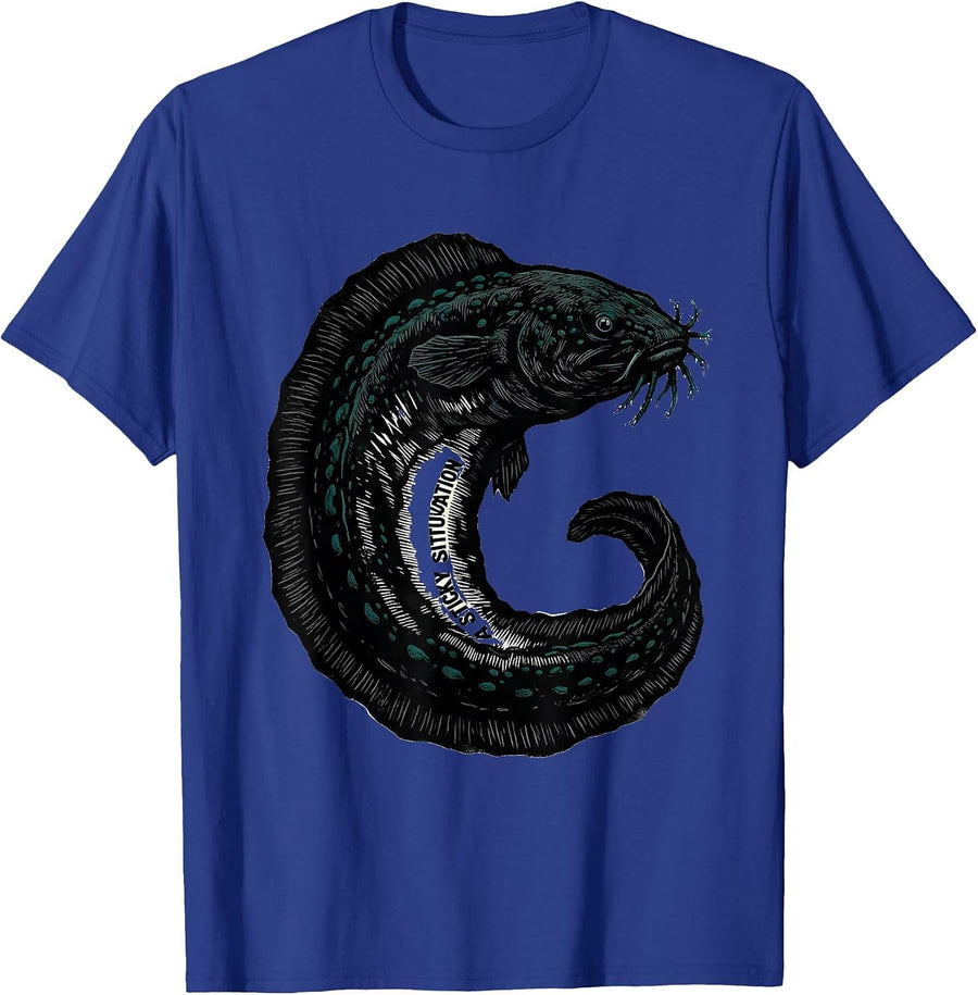 A Sticky Situation Linocut Shark Humor Ocean Wildlife T-Shirt - Royal Blue