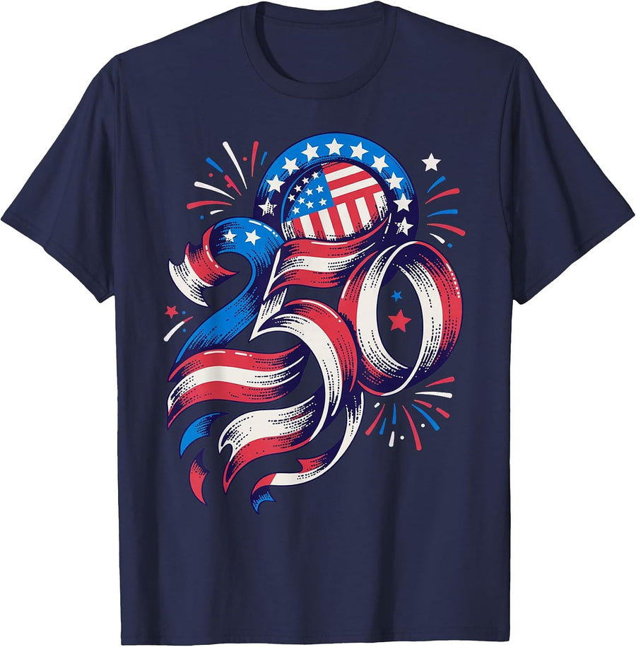 250 Years 1776-2026 US Flag Ribbon USA Anniversary T-Shirt - Navy Blue