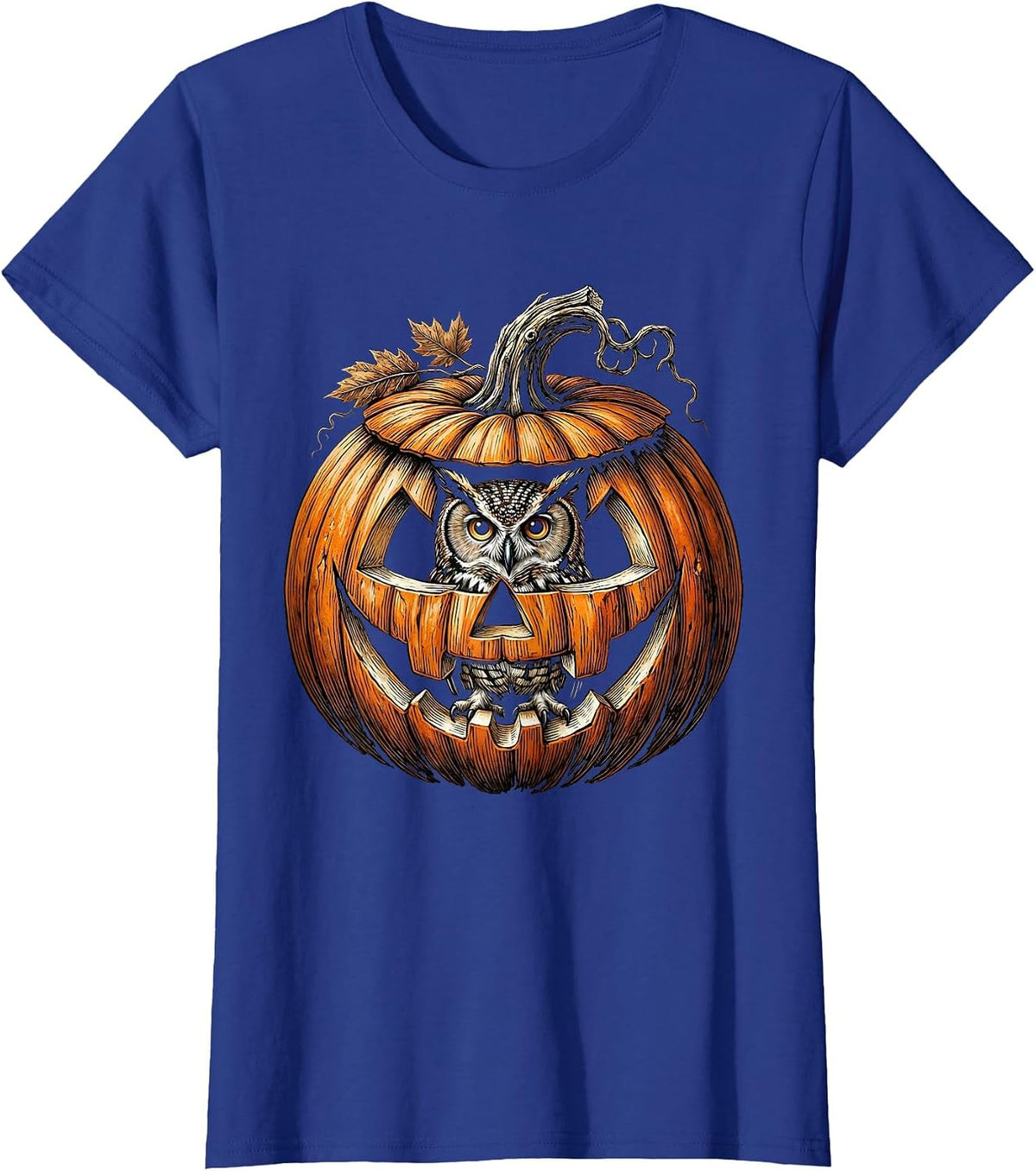 Women's Owl in Carved Pumpkin Lantern Halloween Design T-Shirt - Royal Blue