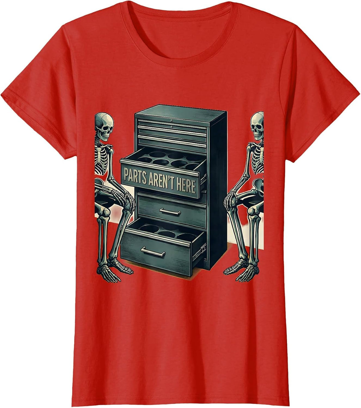 Women's PARTS AREN'T HERE Funny Mechanic Skeleton Auto Repair Life T-Shirt - Red