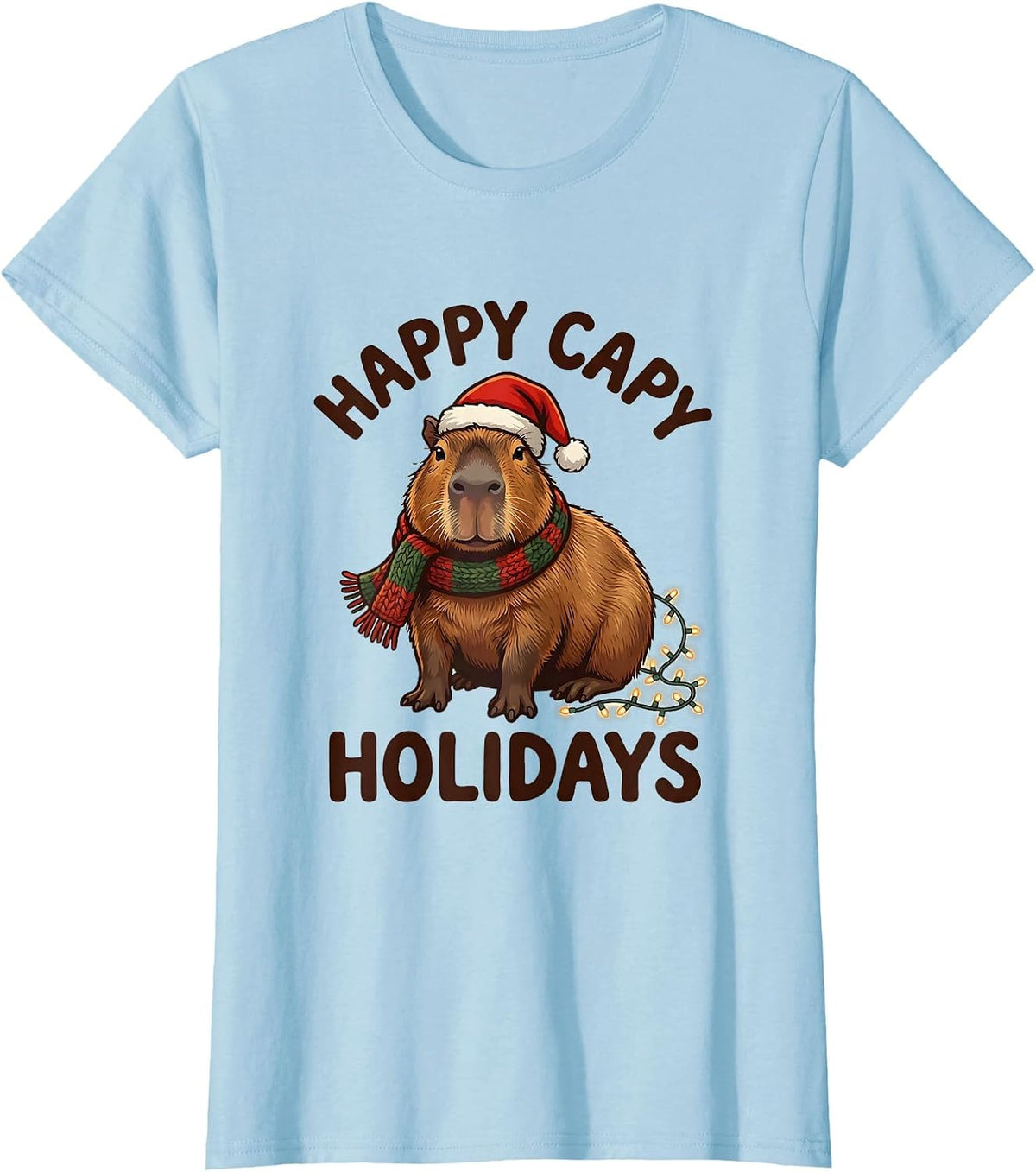 Women's Happy Capy Holidays Cute Capybara Santa Hat Christmas Family T-Shirt - Baby Blue