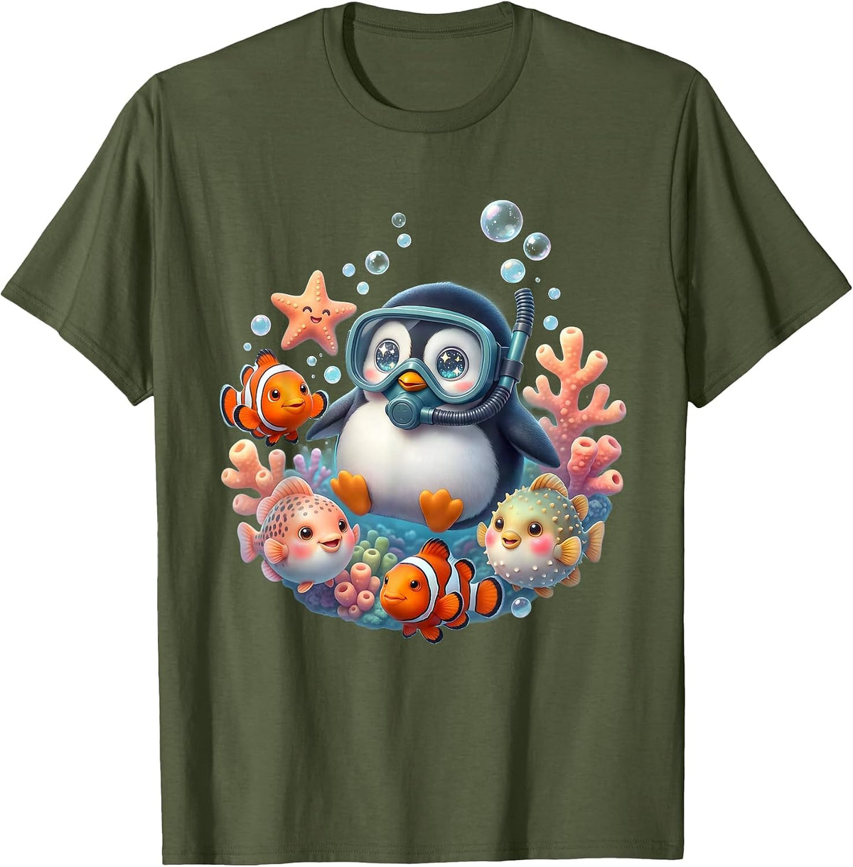 Penguin Scuba Diver Tropical Fish Ocean Design T-Shirt - Olive Green