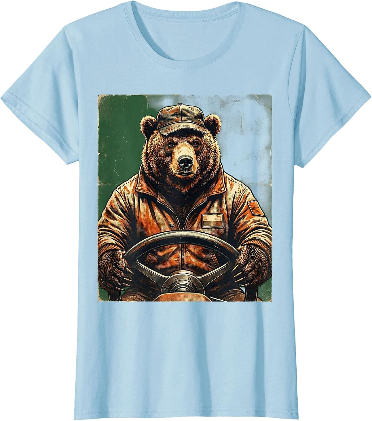Bus Driver Bear in Uniform Behind the Wheel T-Shirt - Baby Blue