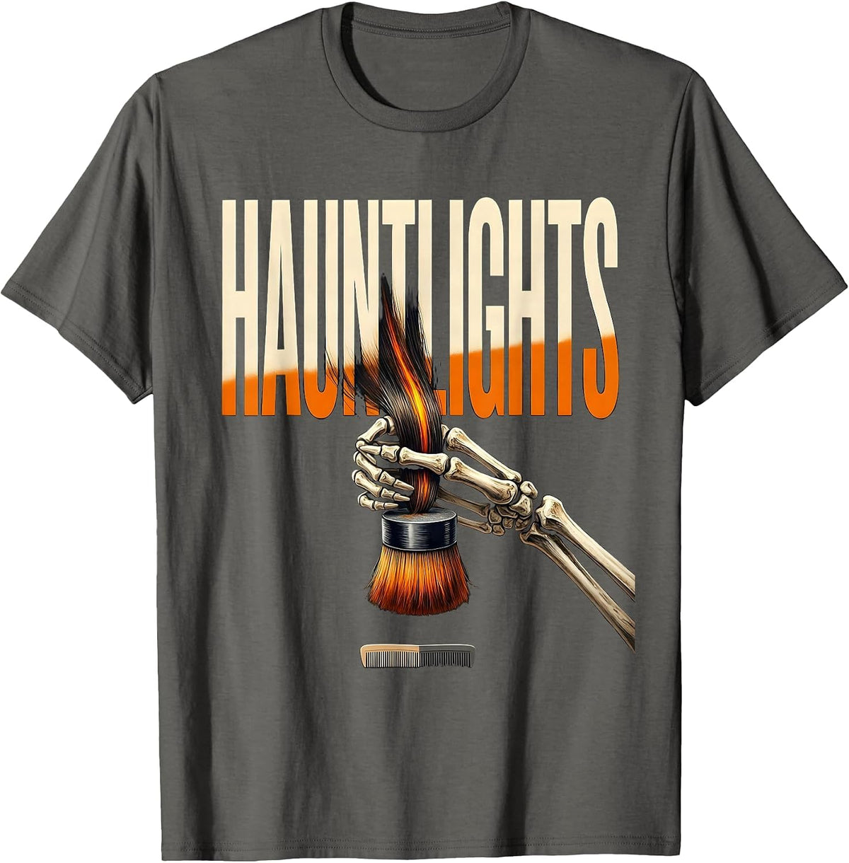 Men's Hauntlights Funny Skeleton Hairstylist Barber Halloween T-Shirt - Asphalt Grey