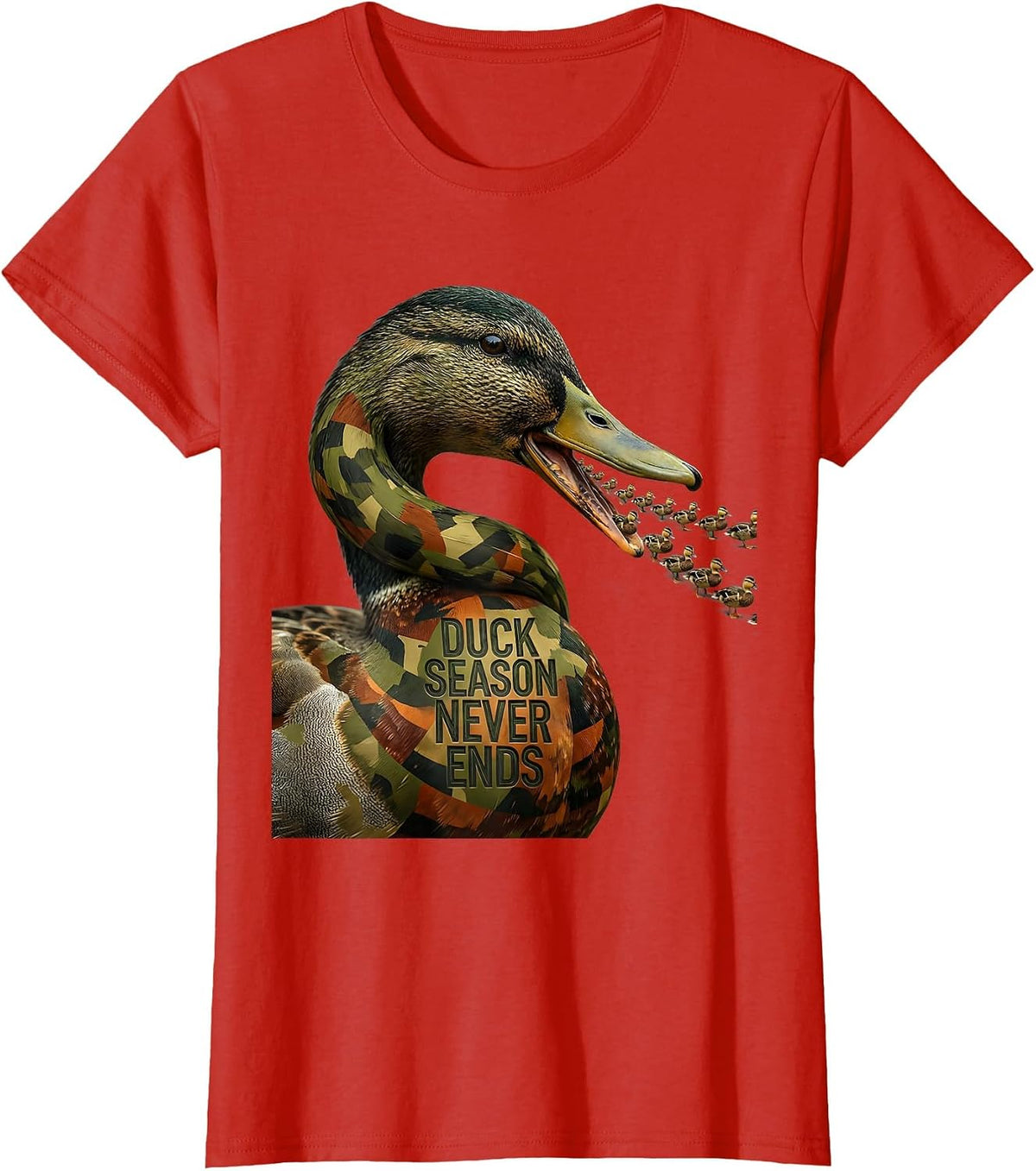Women's Duck Camo Duck Season Never Ends Design T-Shirt - Red