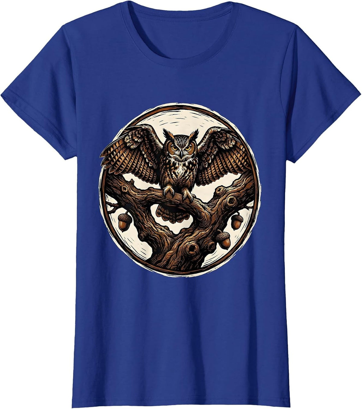 Women's Owl on Gnarled Oak Branch Fall Nature Design T-Shirt - Royal Blue