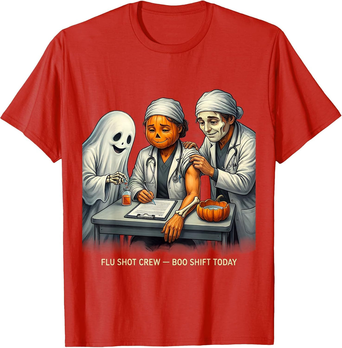 Men's Flu Shot Crew Boo Shift Today Funny Nurse Ghost Halloween T-Shirt - Red