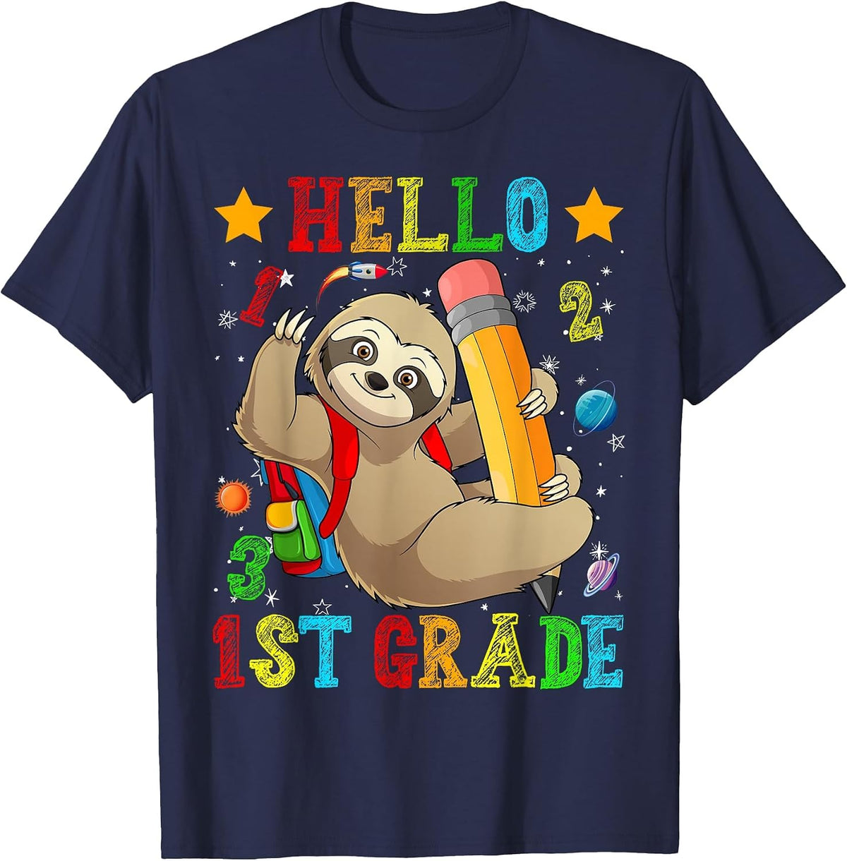 Cute Hello 1st Grade Sloth Animal Back to School Kids Girls T-Shirt - Navy Blue