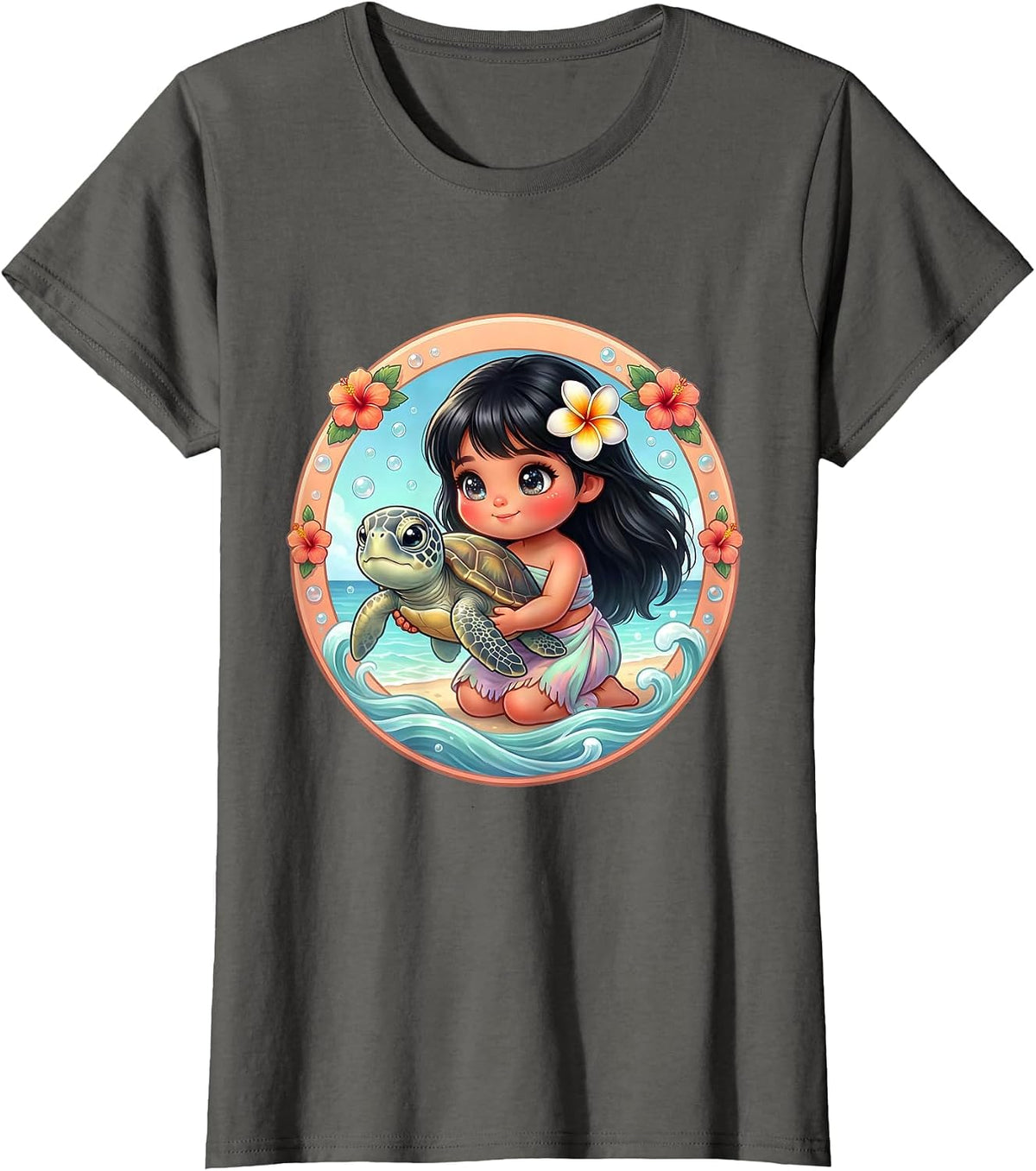 Women's Hawaiian Girl Releasing Sea Turtle Ocean Art T-Shirt - Asphalt Grey
