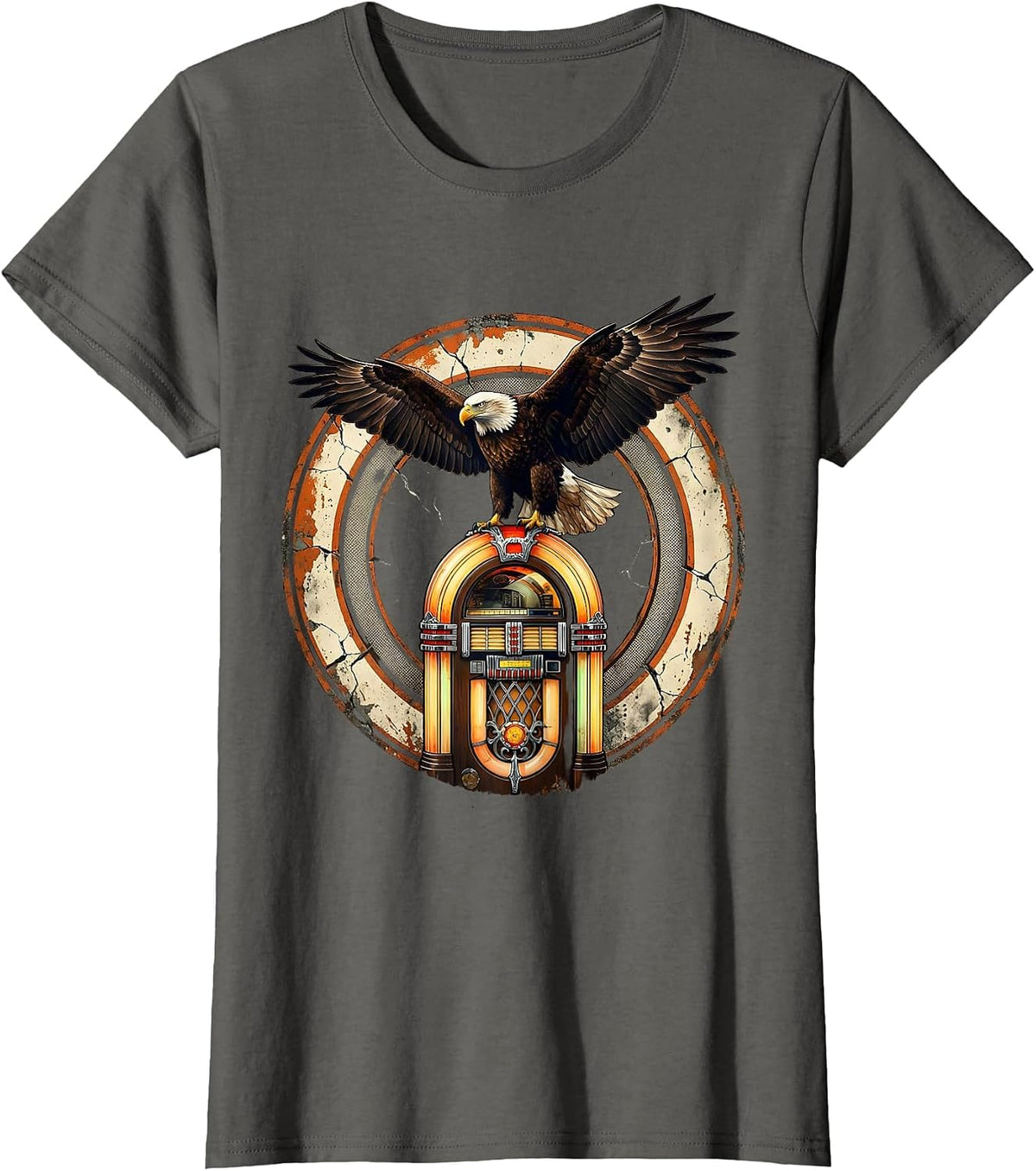 Women's Vintage 1975 Bald Eagle Jukebox Retro Design T-Shirt - Asphalt Grey