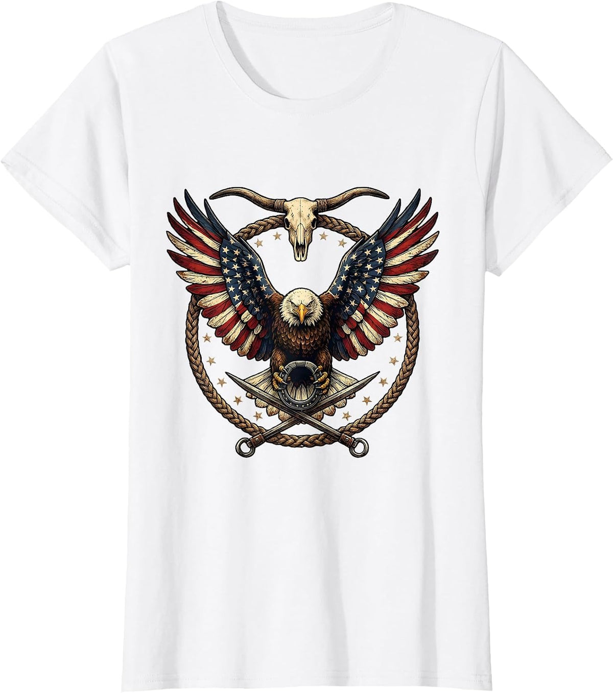 Eagle Soaring American Flag Draped Wings T-Shirt - White