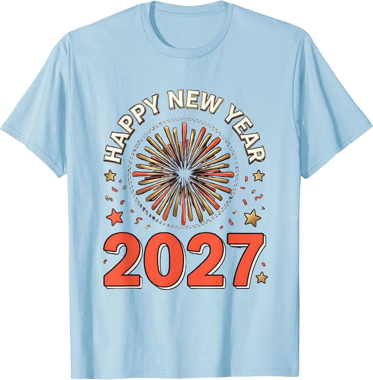Men's Happy New Year 2027 Symmetrical Fireworks Party Keepsake T-Shirt - Baby Blue