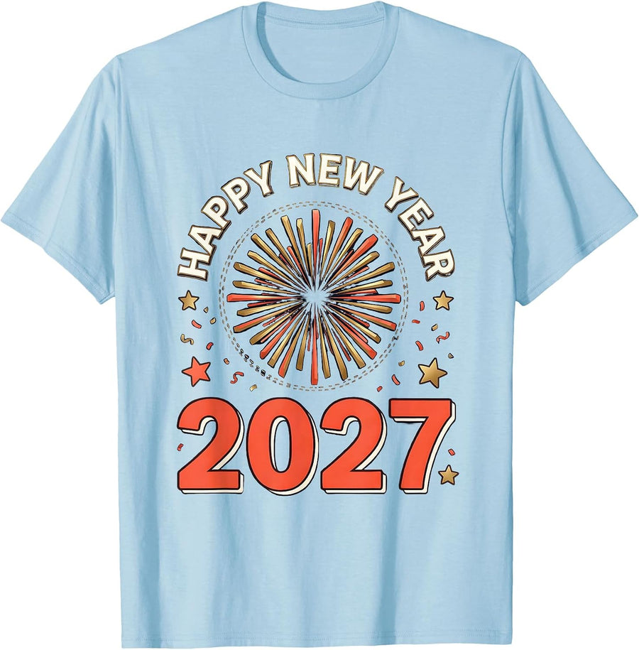 Men's Happy New Year 2027 Symmetrical Fireworks Party Keepsake T-Shirt - Baby Blue