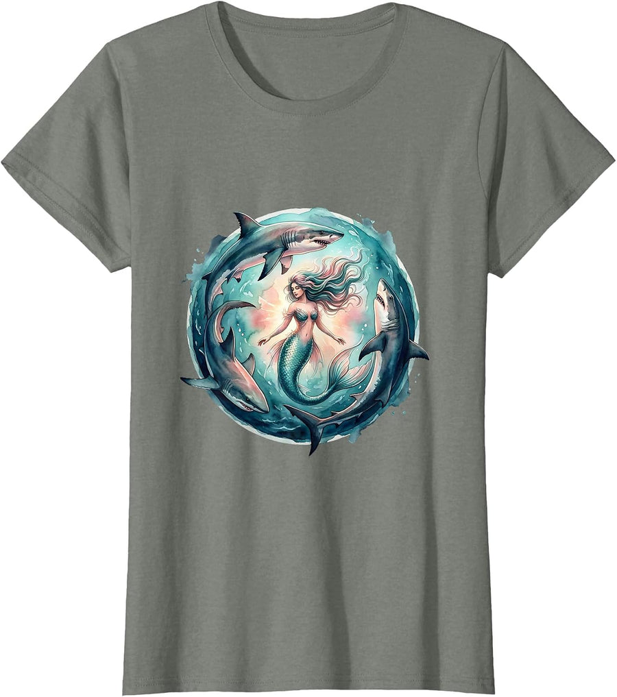 Women's Mermaid and Sharks Dark Ocean Graphic T-Shirt - Olive Heather