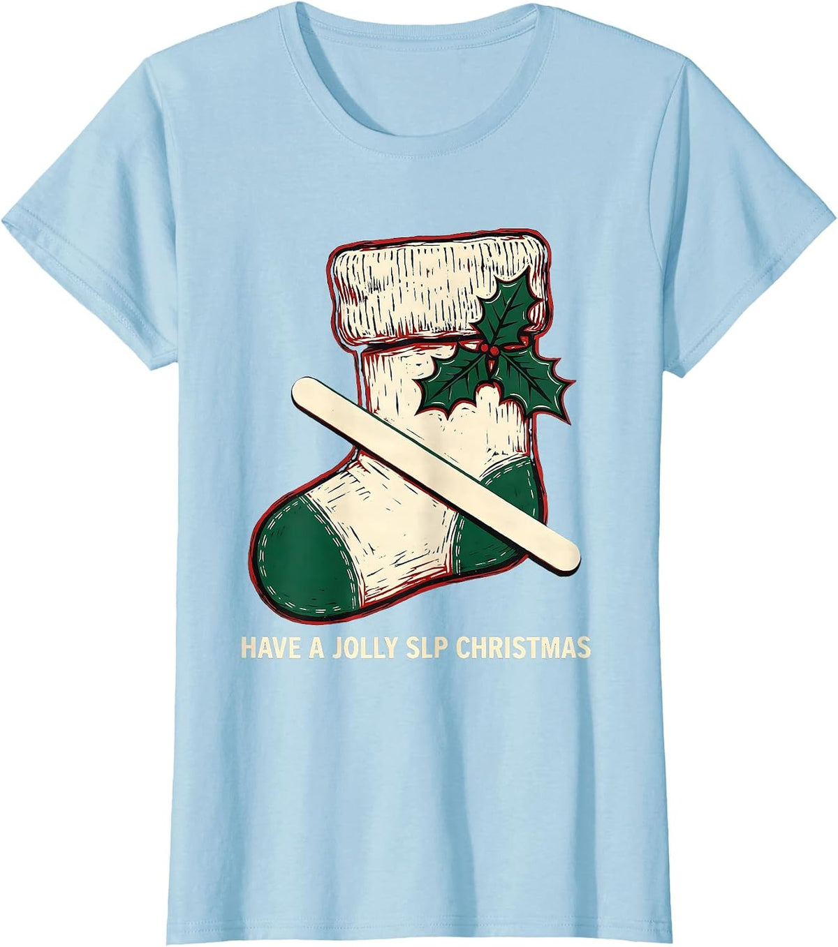 Have a Jolly SLP Christmas Linocut Speech Therapist Holiday T-Shirt - Baby Blue