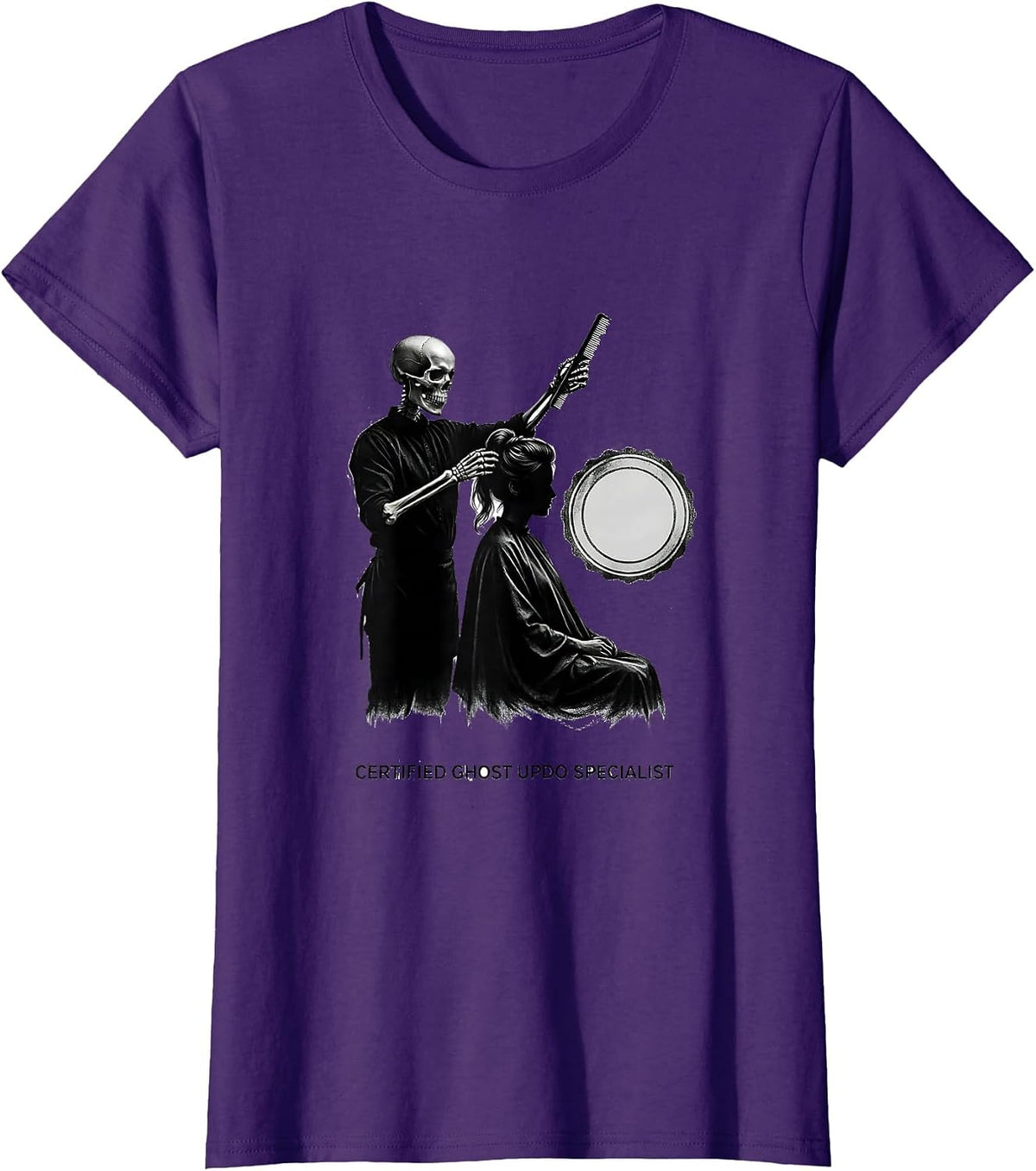 Women's Certified Ghost Updo Specialist Minimalist Skeleton T-Shirt - Purple