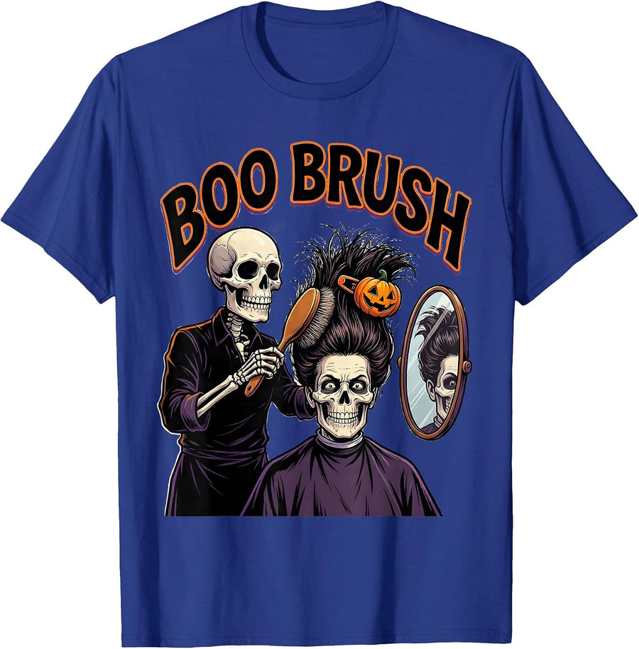 Boo Brush Cartoon Skeleton Hairstylist Halloween Barber T-Shirt - Royal Blue