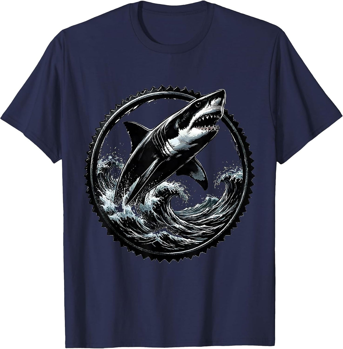 Shark Burst Ocean Wave Anime Graphic T-Shirt - Navy Blue
