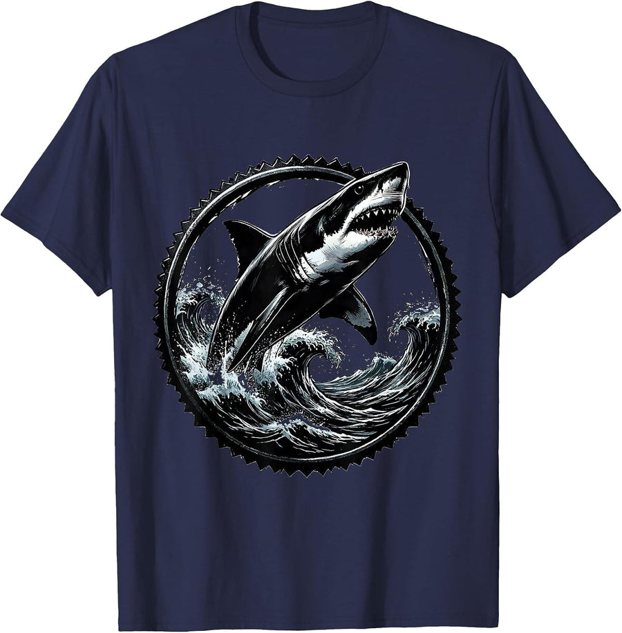 Shark Burst Ocean Wave Anime Graphic T-Shirt - Navy Blue