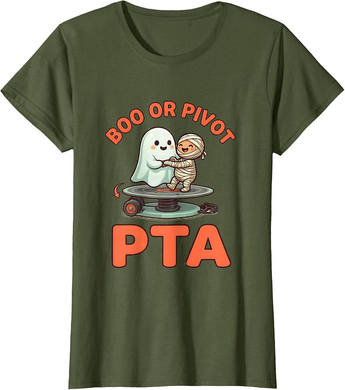 Women's Boo Or Pivot PTA Cute Kawaii Halloween Rehab Therapy Team T-Shirt - Olive Green