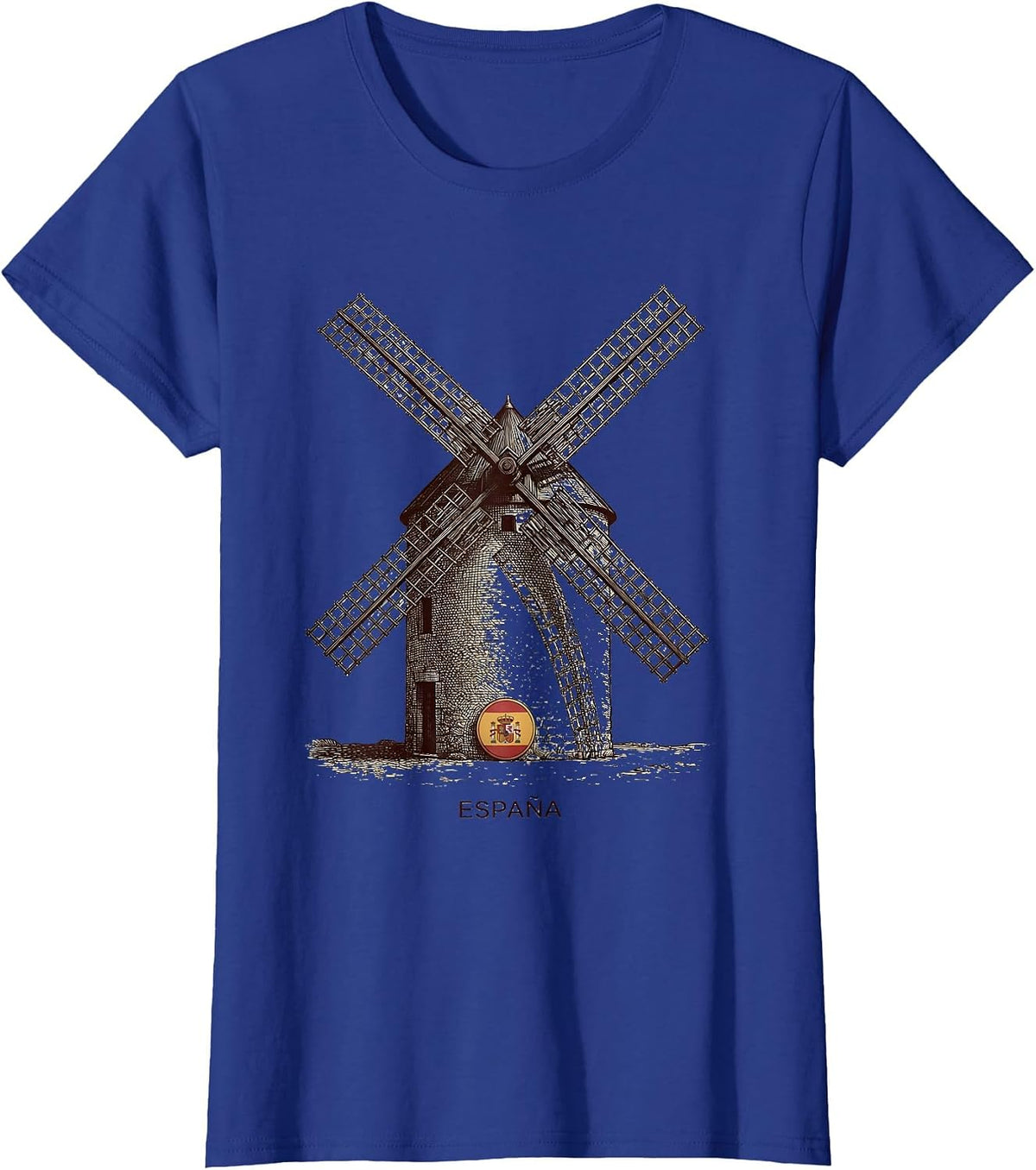 Women's ESPAÑA Crosshatch Etched Spanish Windmill Souvenir National T-Shirt - Royal Blue