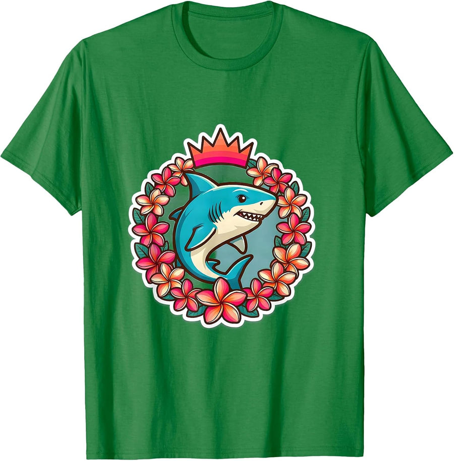 Men's Maui Plumeria Wreath Shark Tropical Illustration T-Shirt - Kelly Green