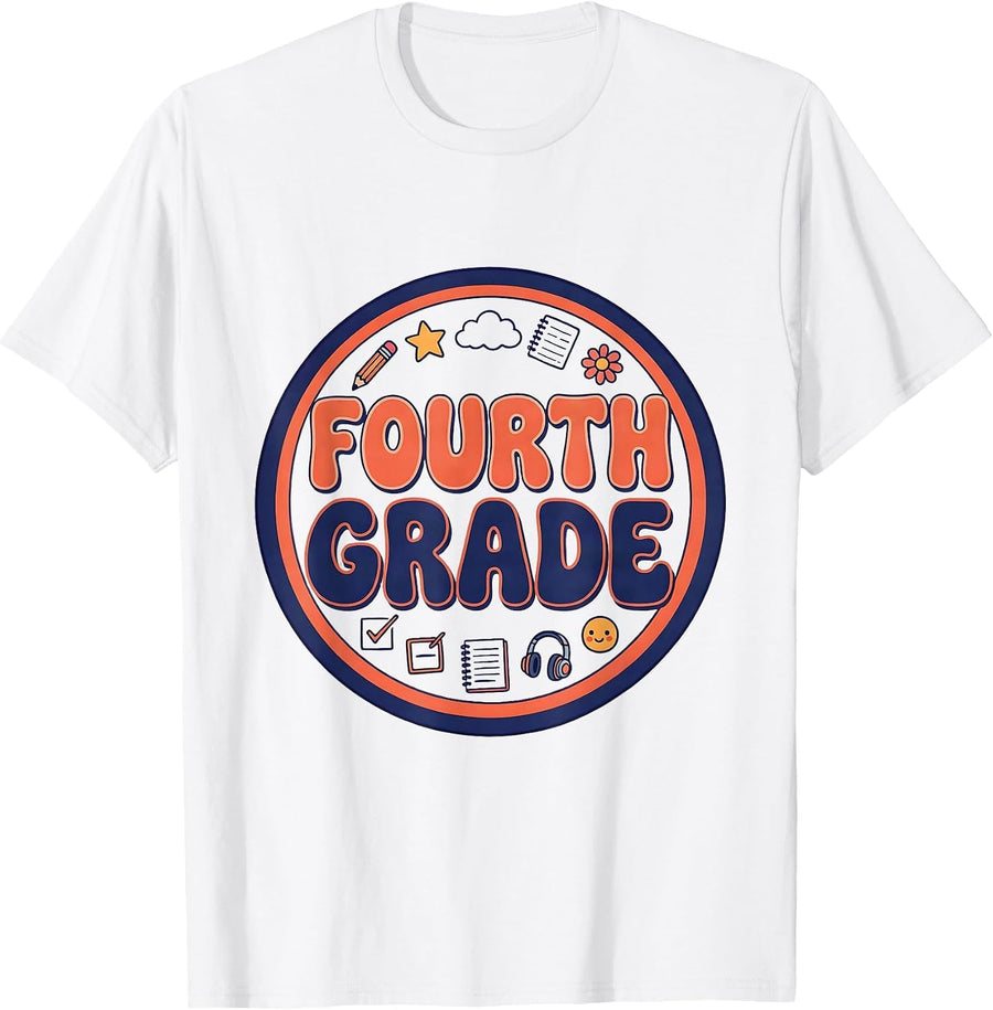 Men's FOURTH GRADE Retro Flower Power Squared Back To School T-Shirt - White