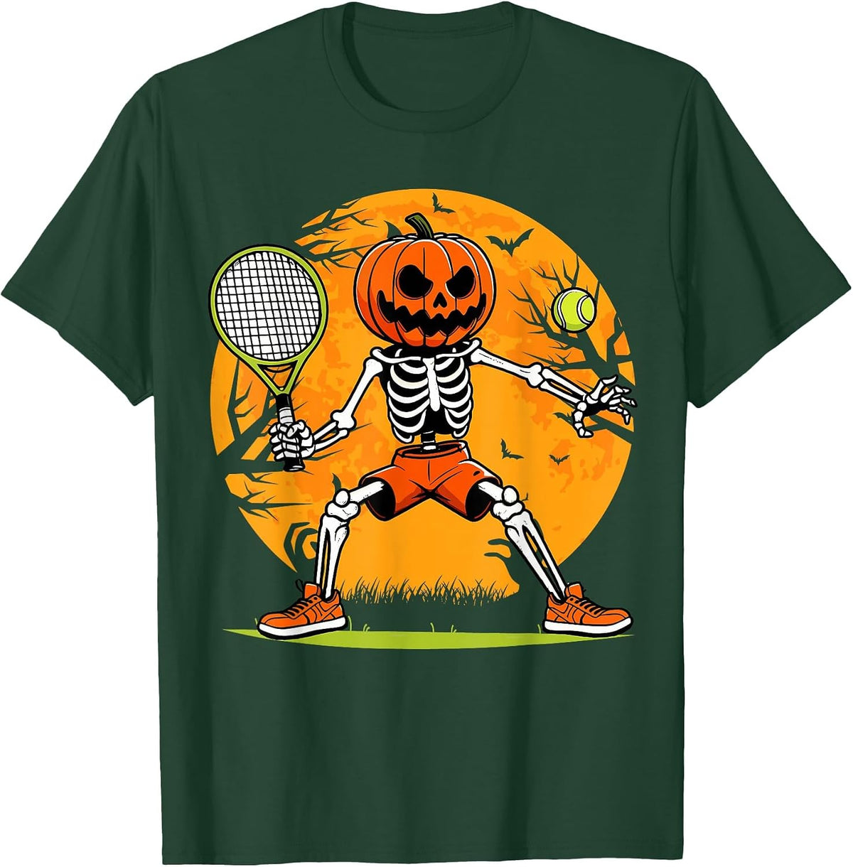 Halloween Tennis Pumpkin Head Skeleton Tennis Halloween T-Shirt - Dark Green