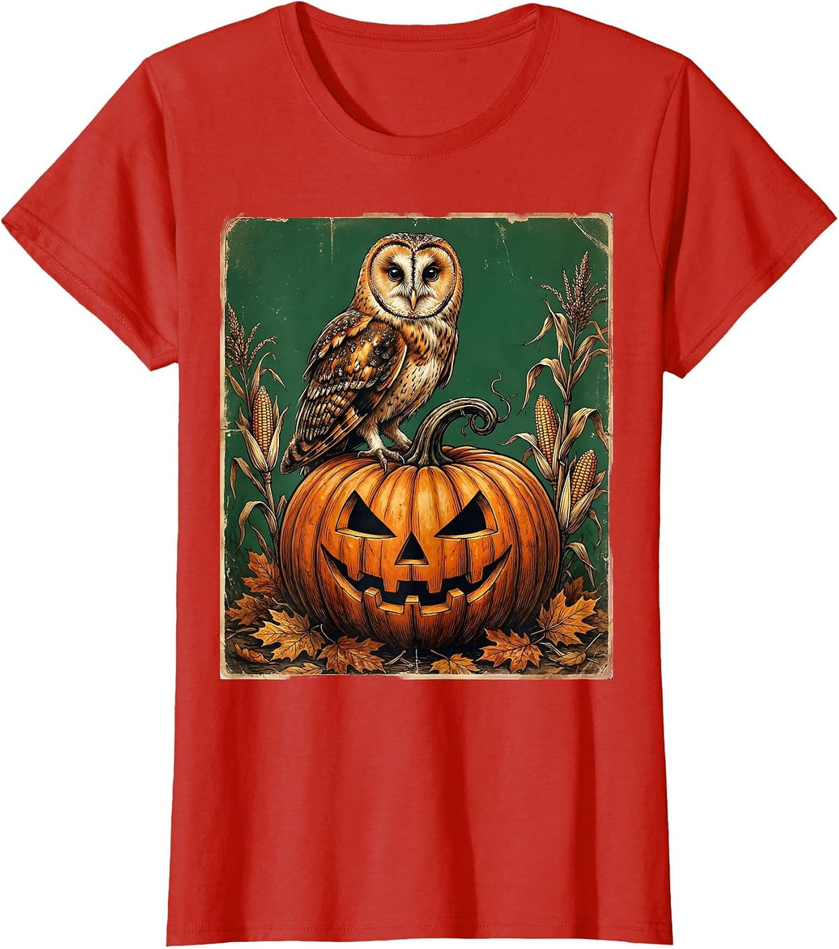 Women's Owl on Glowing Pumpkin Halloween Illustration T-Shirt - Red