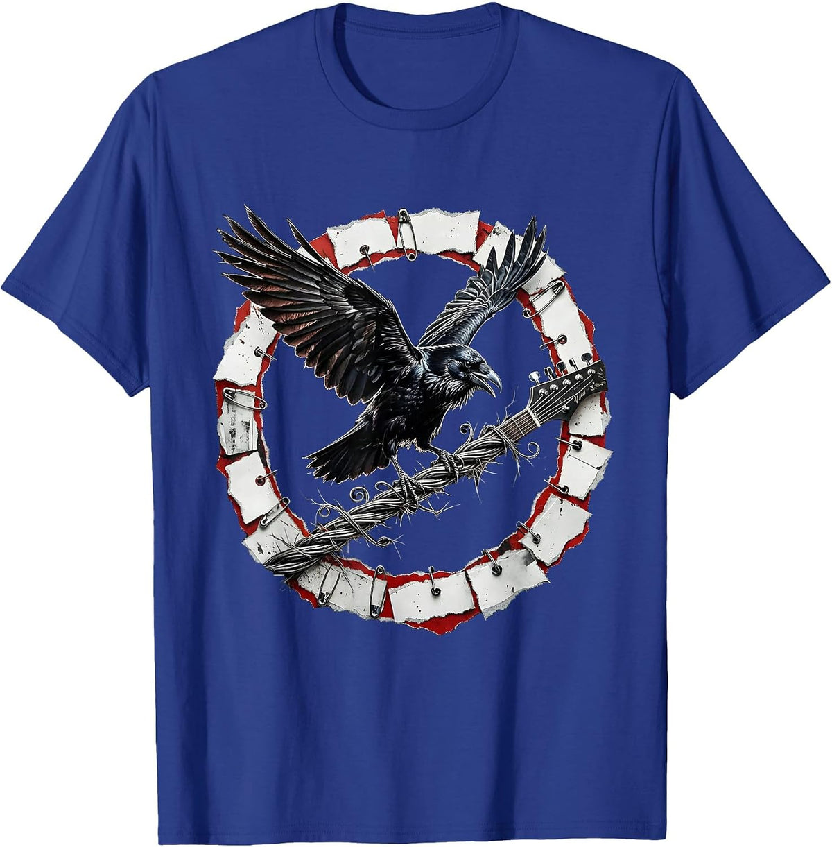Men's Raven on Broken Guitar String Rock Art Design T-Shirt - Royal Blue