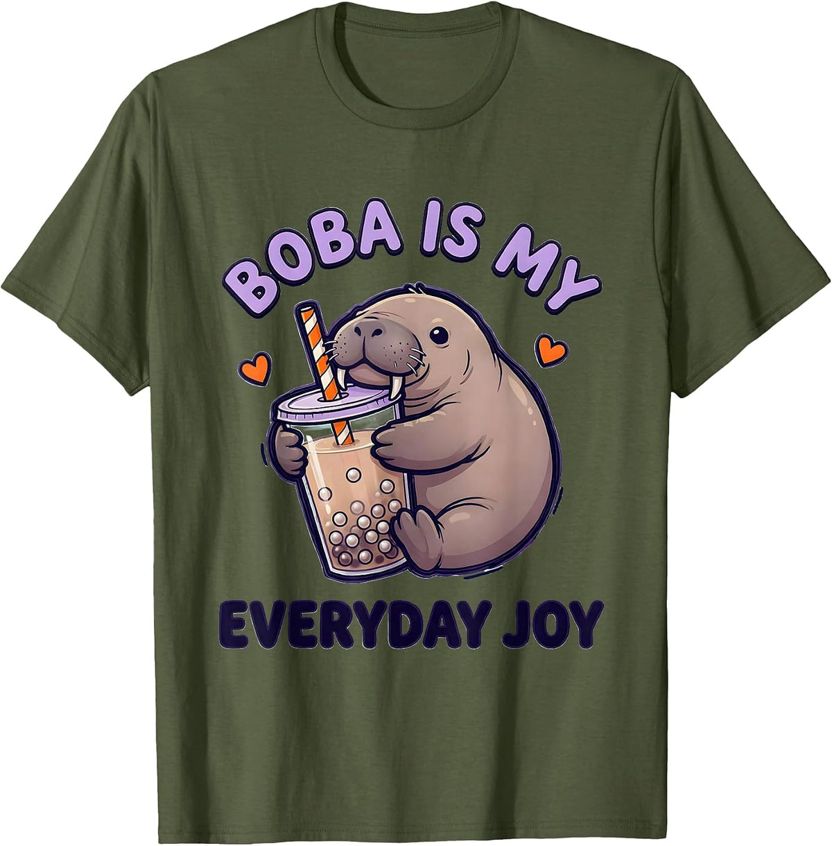 Men's Boba Is My Everyday Joy Kawaii Manatee Boba Tea Lover Gift T-Shirt - Olive Green