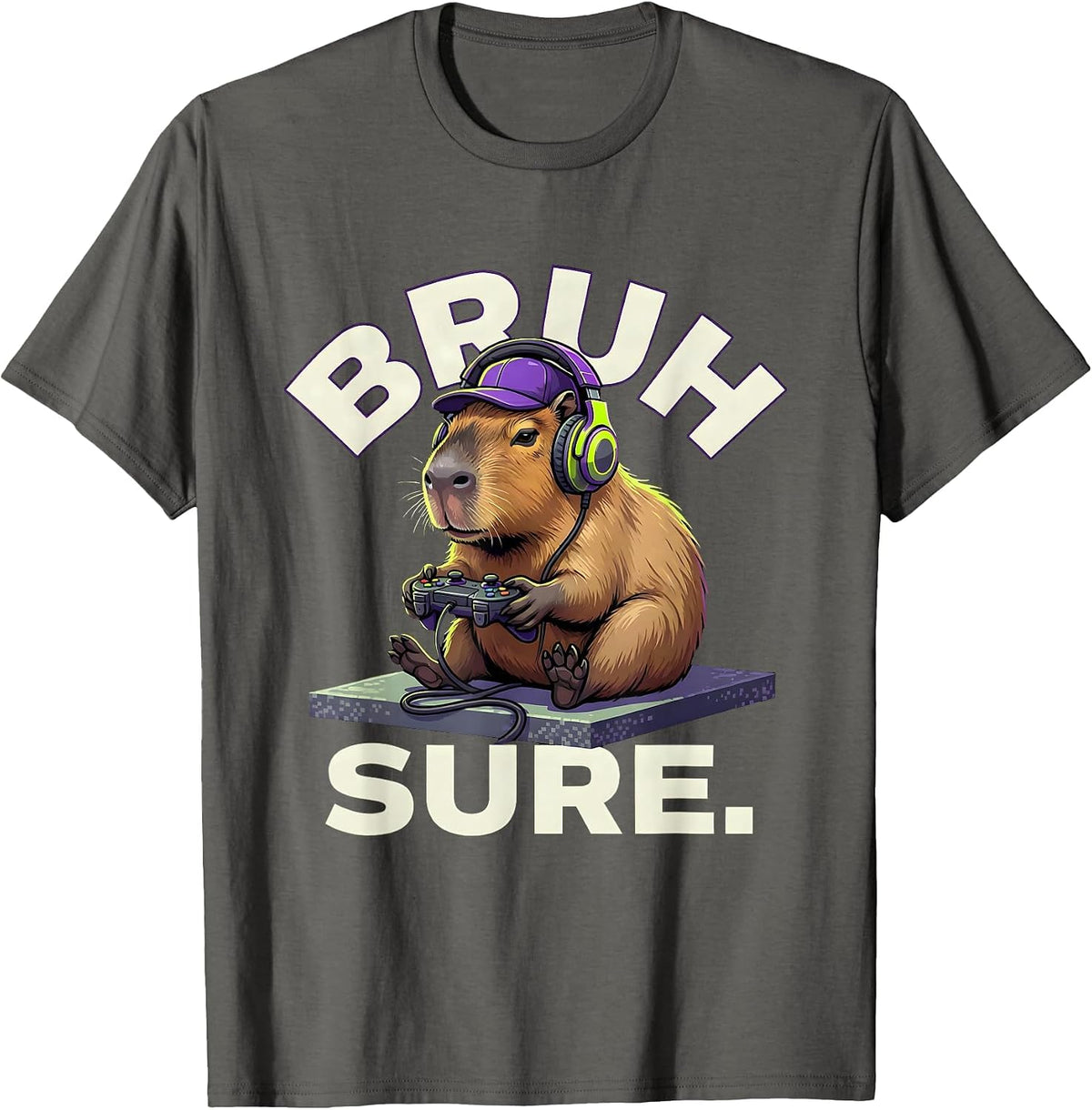 BRUH, SURE Funny Capybara Gamer Meme Humor T-Shirt - Asphalt Grey